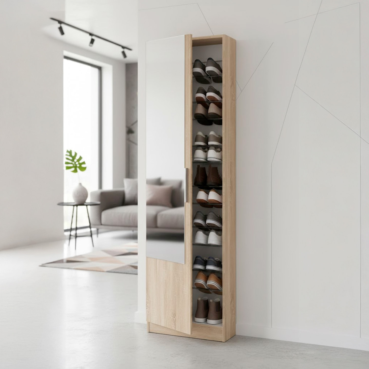 Scarpiera Armadio Portascarpe Con Specchio A Tutta Altezza Salvaspazio Mobile Verticale Per Ingresso Camera 16 Paia di Scarpe 180 x 50 x 22 Cm Rovere