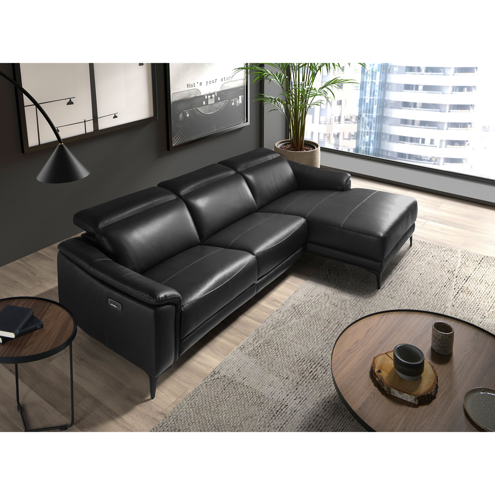 Sofá chaise longue relax derecha de 5 plazas tapizado en piel de vacuno en negro con reposacabezas patas de acero inoxidable en negro mate 272x168x96cm