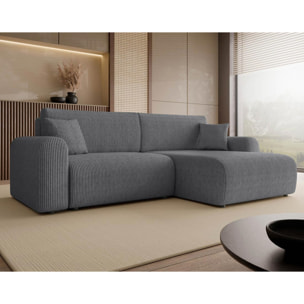 Naomi - Canapé d'angle réversible 4 places convertible avec coffre en velours côtelé - Gris foncé