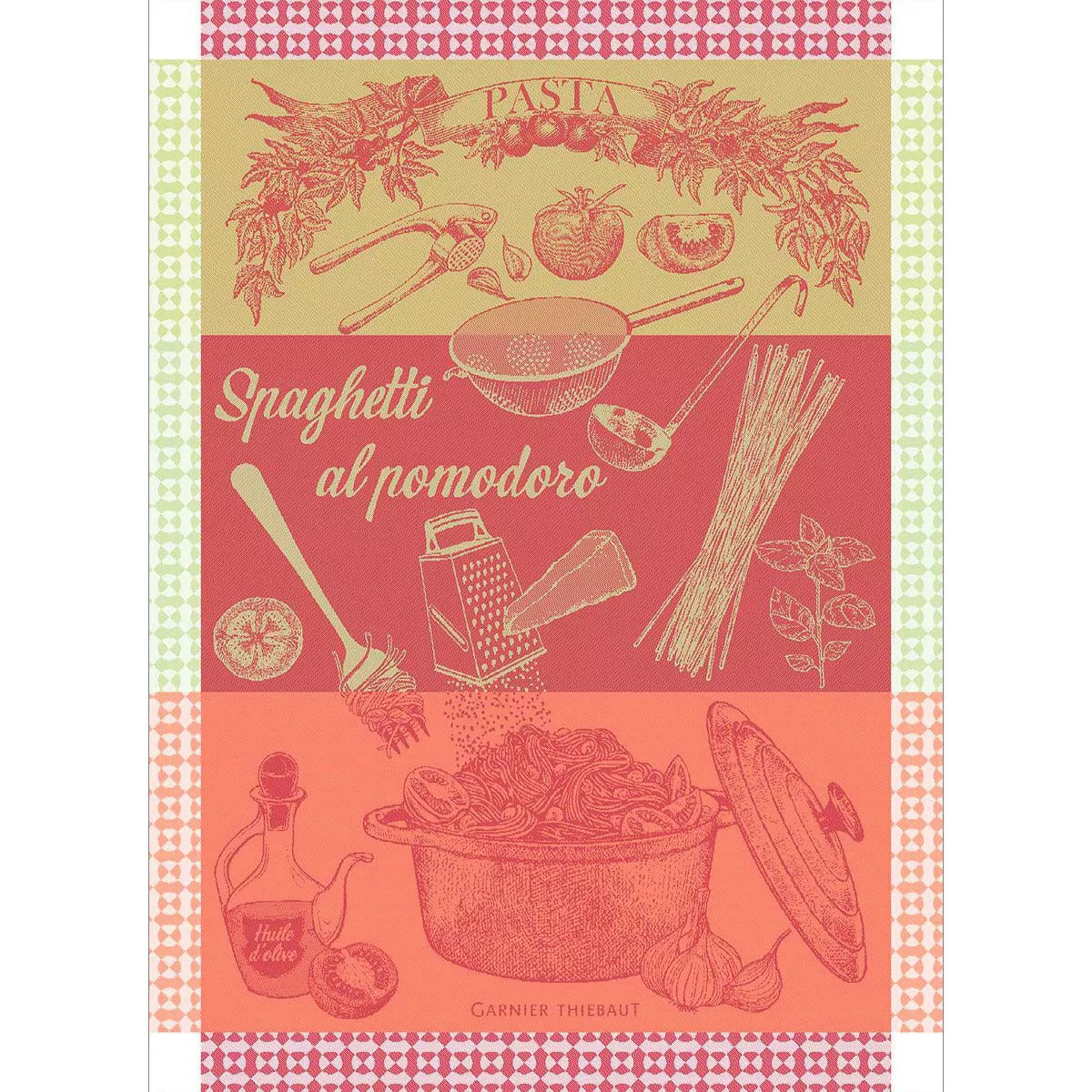 Torchon pur coton motif jacquard vert rouge Spaghetti pomodoro basilic