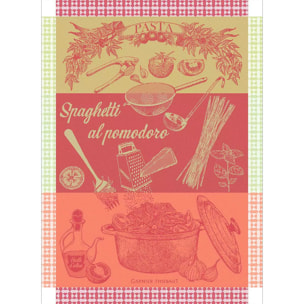 Torchon pur coton motif jacquard vert rouge Spaghetti pomodoro basilic
