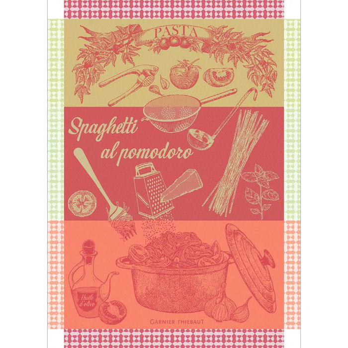 Torchon pur coton motif jacquard vert rouge Spaghetti pomodoro basilic