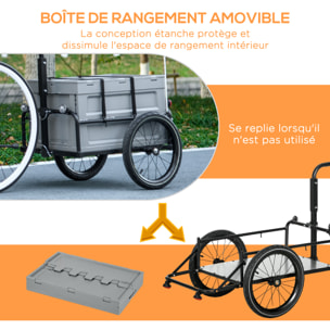 Remorque chariot à vélo avec coffre de rangement amovible pliable 65L