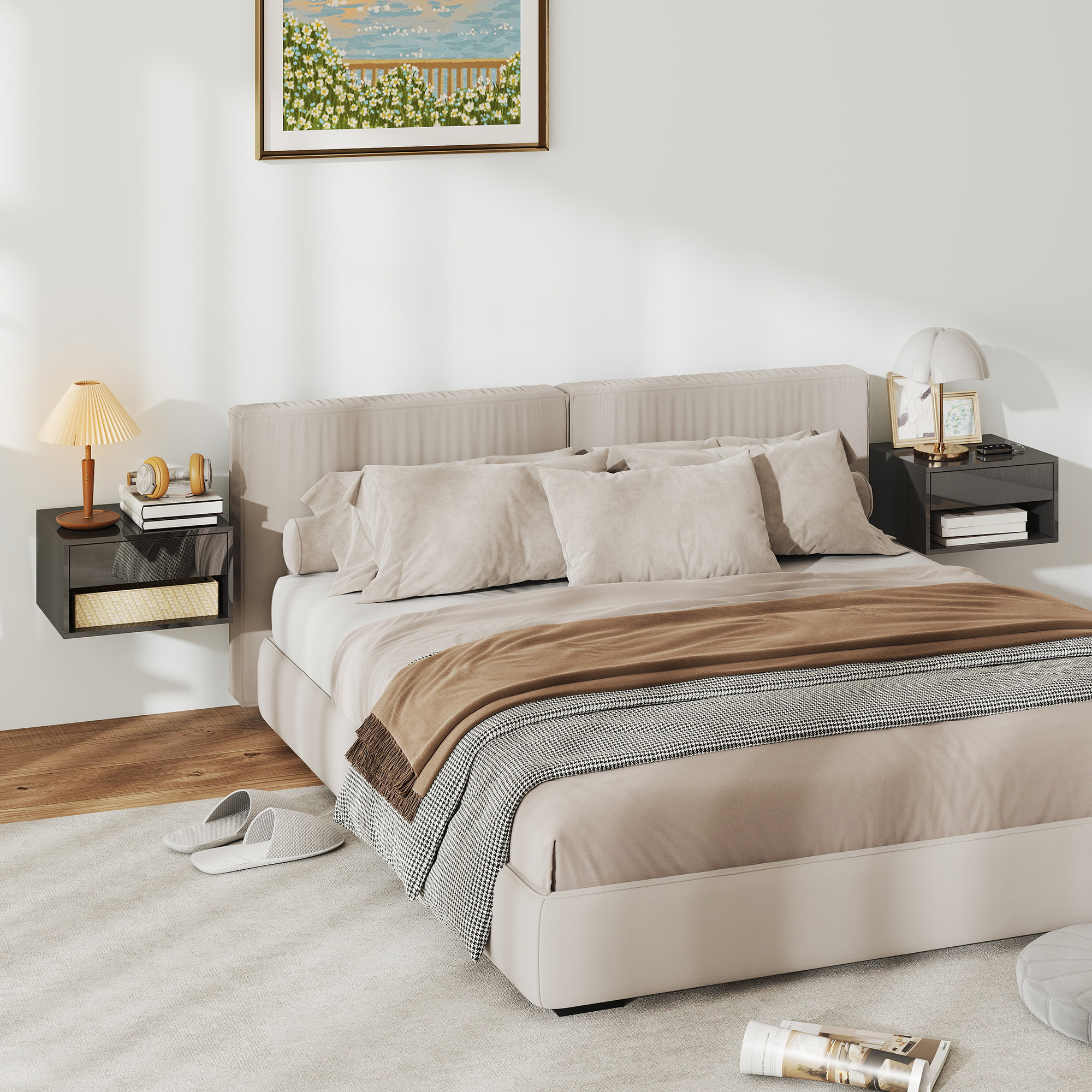 Juego de 2 Mesitas de Noche Flotantes, Mesillas de Noche con Cajón, Estante Abierto, para Dormitorio, Salón, 37x32x21 cm, Negro Brillo