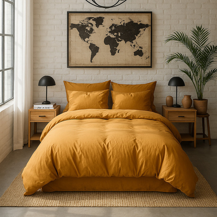 Paire de Taies D'oreiller Avec Volant 100% Percale De Coton Lavé Safran