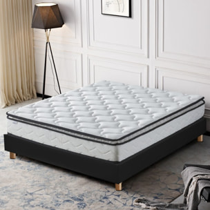 Ensemble matelas Sultan & sommier déco| 100% Mémoire de forme | Surmatelas intégré | Cadre à lattes | Simili Cuir | Noir