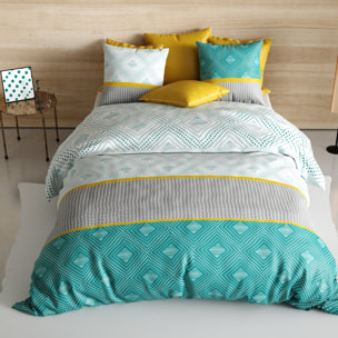 Parure housse de couette imprimé 100% coton - aurah - turquoise