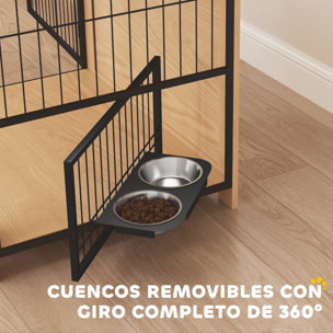 Jaula para Perros Mesa Auxiliar Moderna Casa para Mascotas con 2 Puertas Soporte Giratorio con 2 Tazones y Estructura de Acero para Perros Medianos 80x60x68 cm Roble