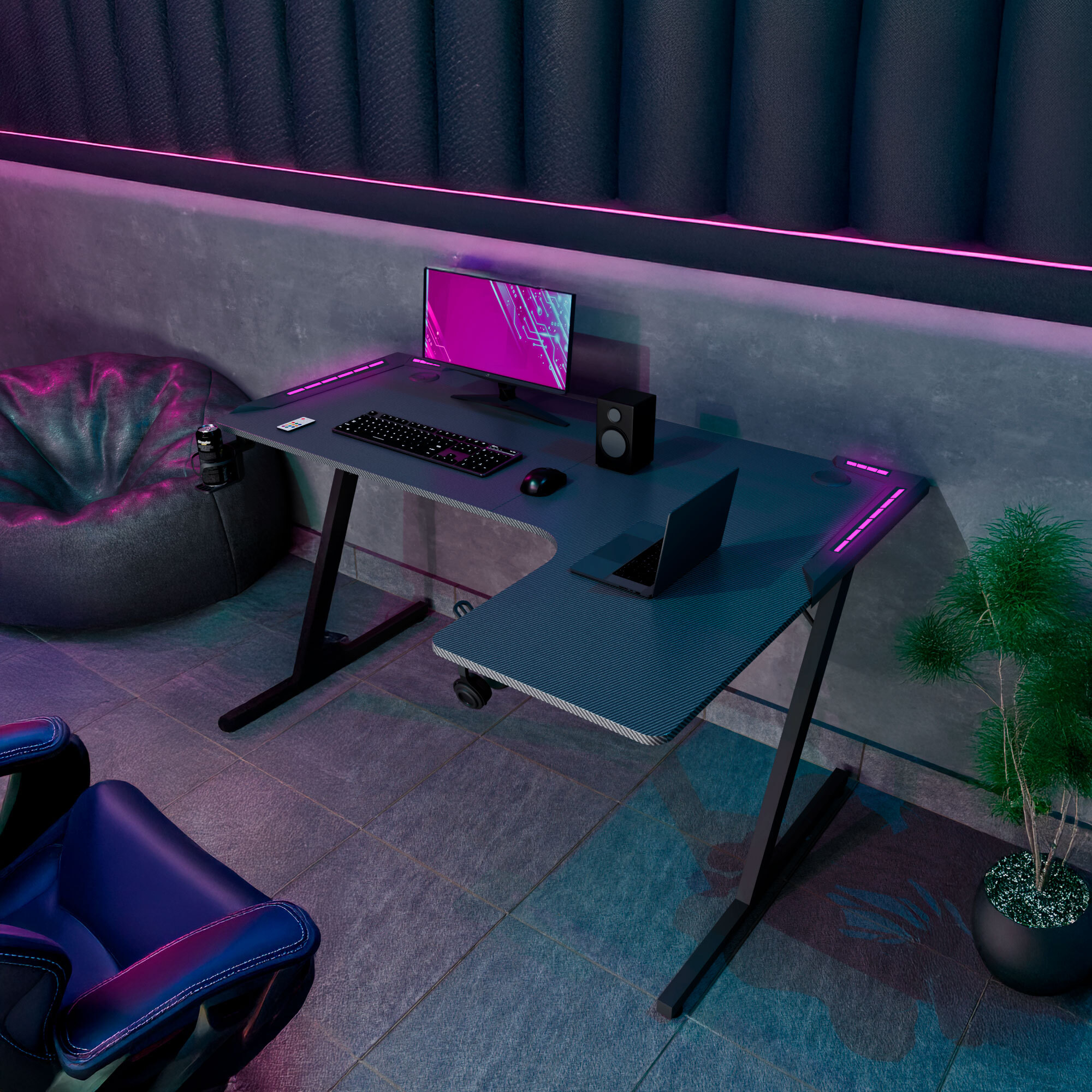 Shigeru - Scrivania da Gaming Angolare 140x99x76 cm con LED in MDF e Metallo Nero