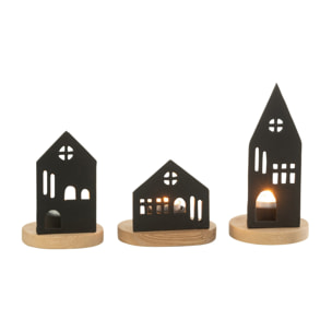 J-Line bougeoir Maison - aluminium/bois - noir/naturel - 3 pcs
