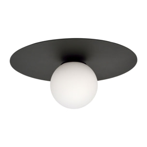 Lampada a sospensione Solar con base in acciaio nero e vetro opalino