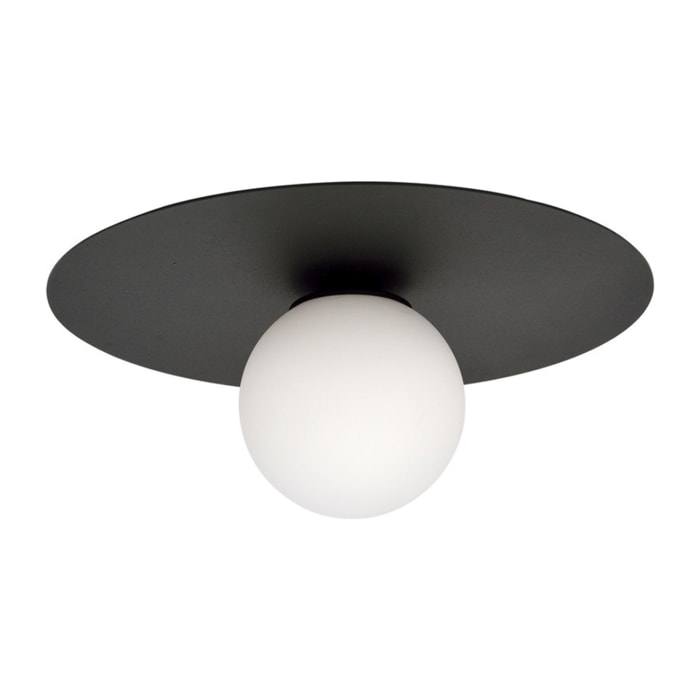 Lampada a sospensione Solar con base in acciaio nero e vetro opalino