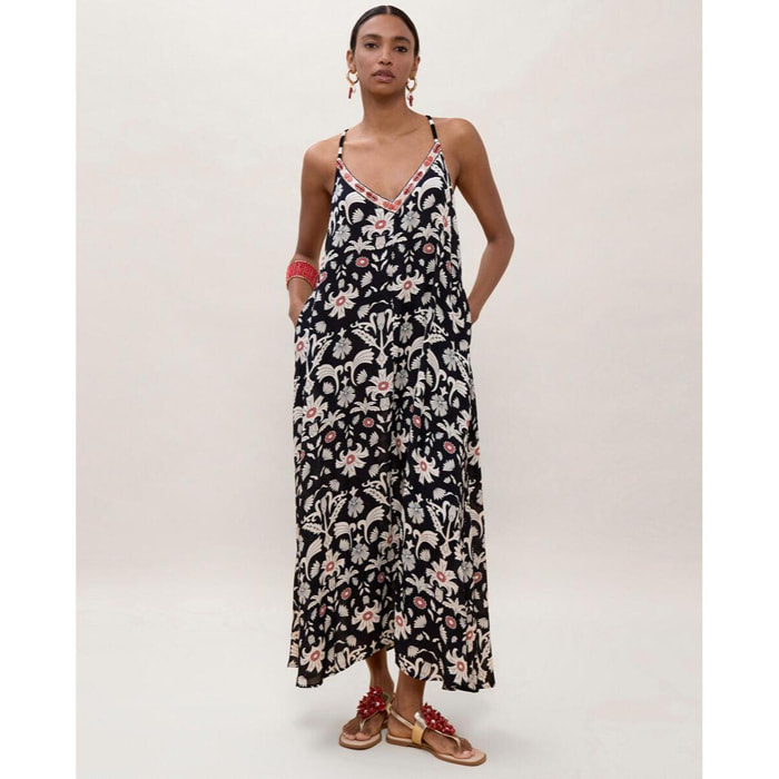 Abito lungo con spalline e stampa etnica