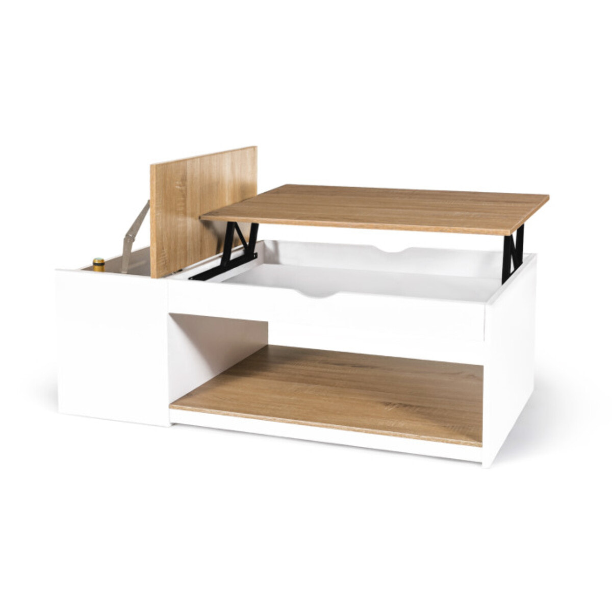 Table basse Elina relevable coffre latéral bois et blanc
