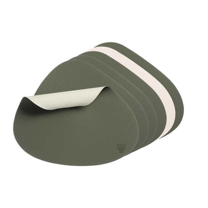 Set de table curve réversible - 6 pièces - Cuir recyclé blanc crème et vert de gris