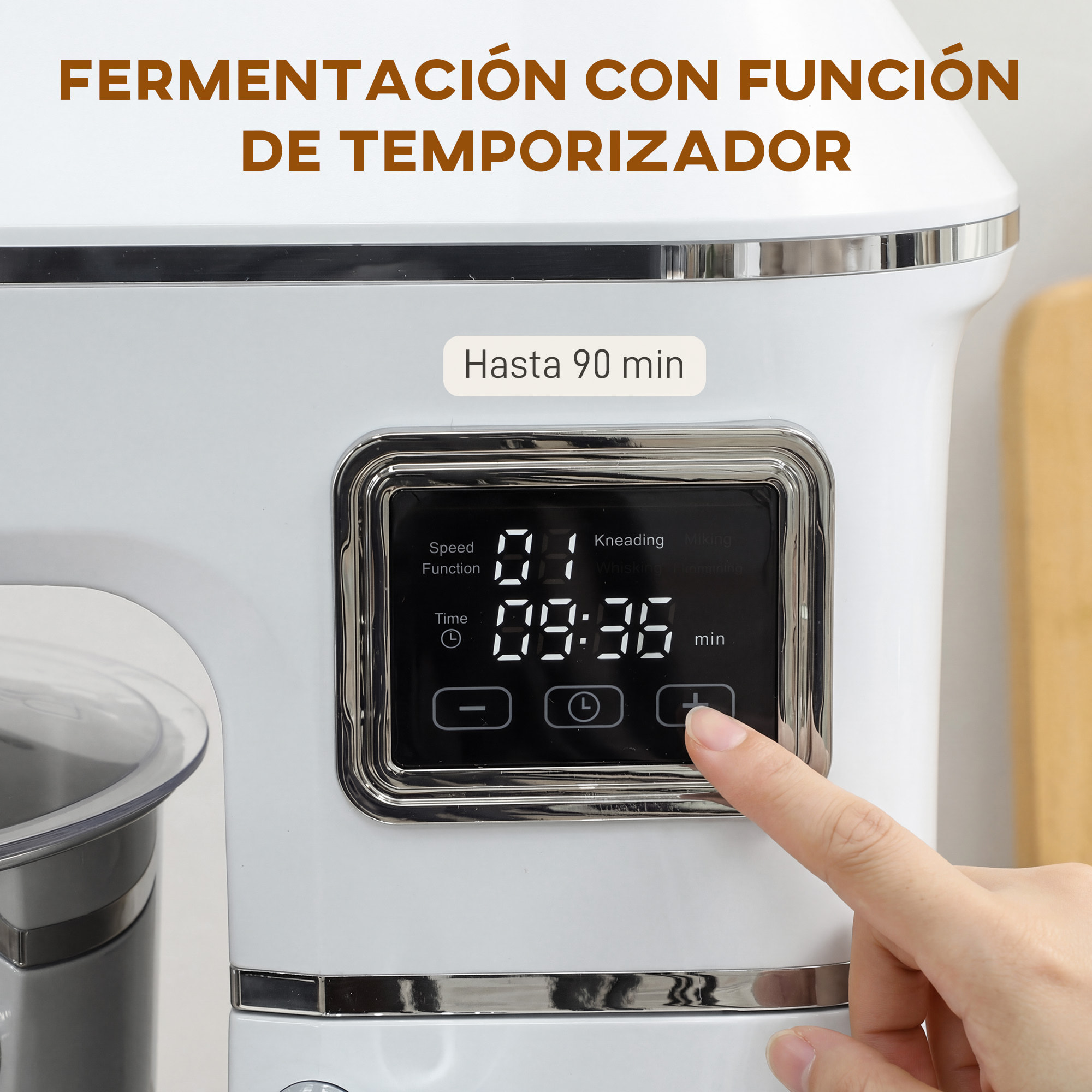 Batidora Amasadora 6L, Amasadora de Pan 1400W, 6 Velocidades, LED, Fermentación, Bol de Acero Inoxidable, Batidor, Gancho, Varilla, Protector contra Salpicaduras, Blanco