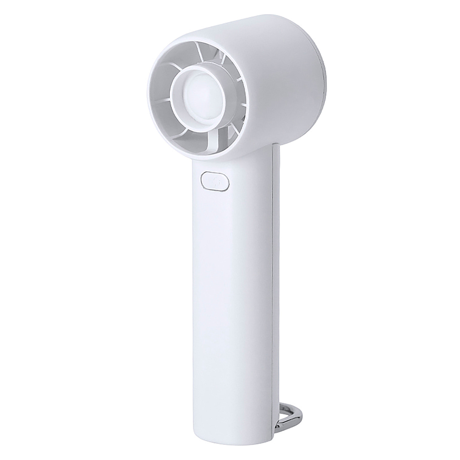 Ventilatore portatile con 3 velocità, batteria ricaricabile e sostituibile da 1200 mAh. Include un moschettone in alluminio con funzione di supporto e design compatto per l'uso quotidiano.