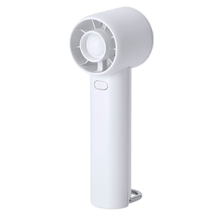 Ventilatore portatile con 3 velocità, batteria ricaricabile e sostituibile da 1200 mAh. Include un moschettone in alluminio con funzione di supporto e design compatto per l'uso quotidiano.