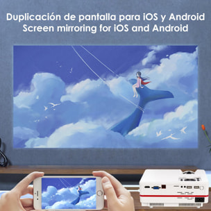 Video proyector LED con duplicación de pantalla para iOS y Android. Hasta 150 pulgadas, contraste 3000:1. Conexiones HDMI, USB, entrada de antena. Mando a distancia.