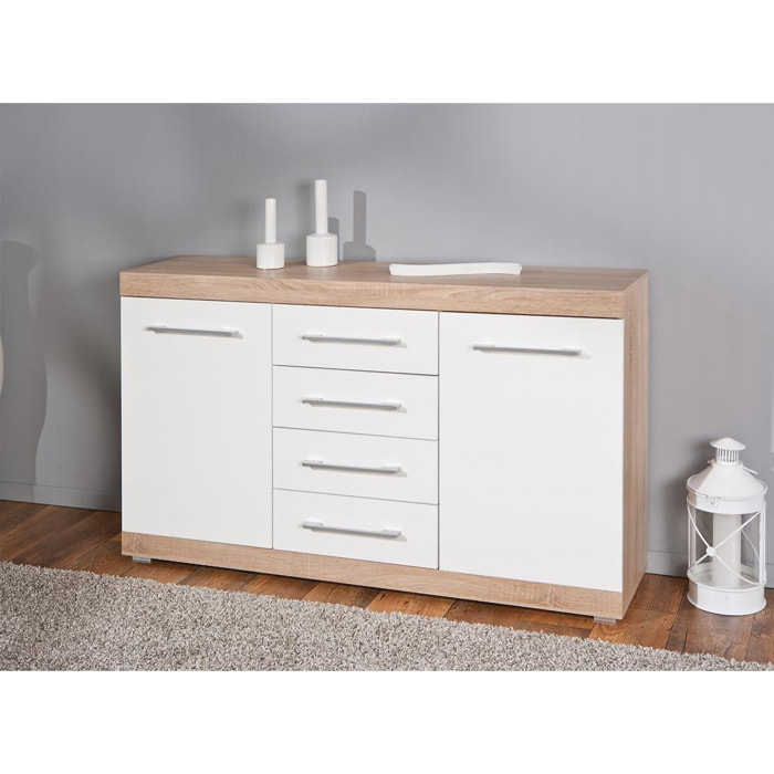 Credenza con 2 ante e 4 cassetti in rovere e laminato bianco, 155 x 40 x 87, Bianco