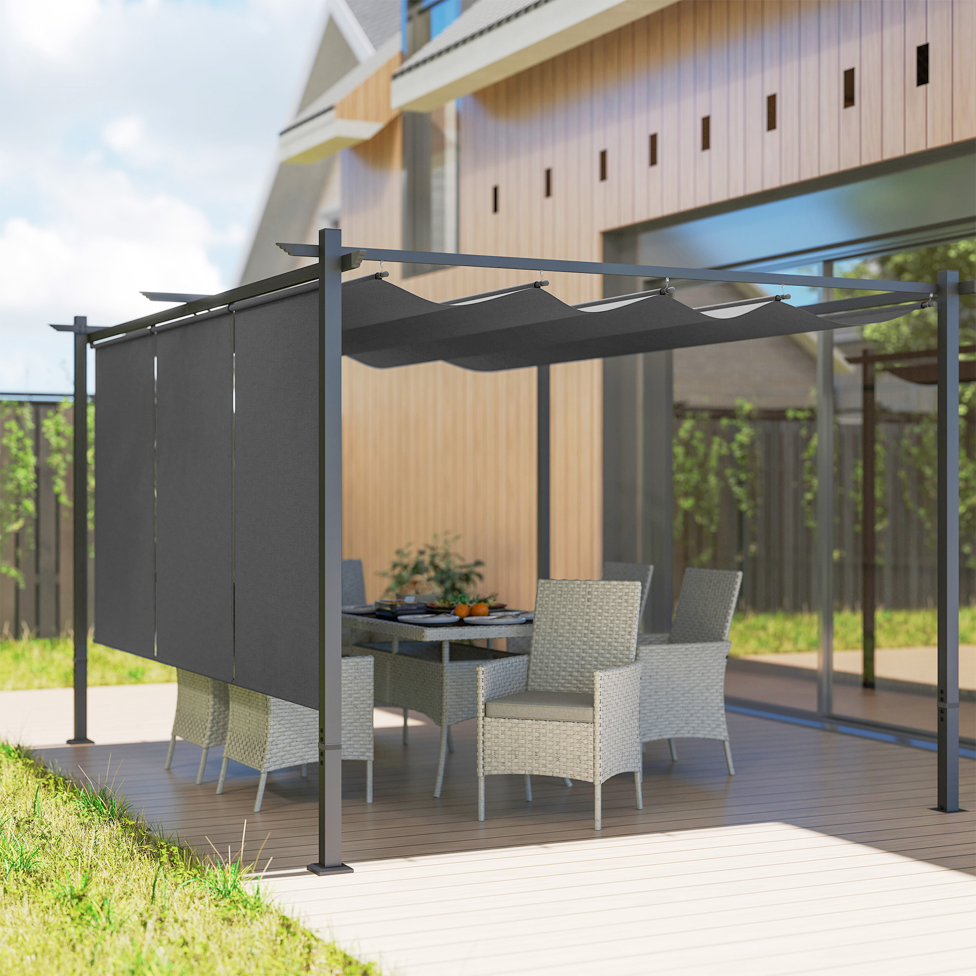 Pérgola con Techo Retráctil Pérgola de 4x3 m Cenador de Pared o Independiente con Laterales Enrollables Protección UV30+ Pabellón para Jardín Patio Terraza Exterior Gris