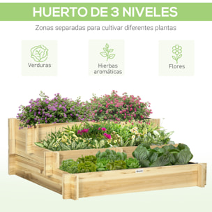 Jardinera de Madera Arriate de Jardín de 3 Niveles con Diseño de Escalera y Tela no Tejida para Cultivos Plantas Flores para Terraza Jardín 93x93x35 cm Natural