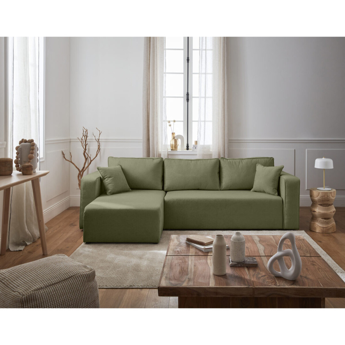 Topaze - canapé d'angle réversible - 4 places - convertible avec coffre - en tissu - Vert