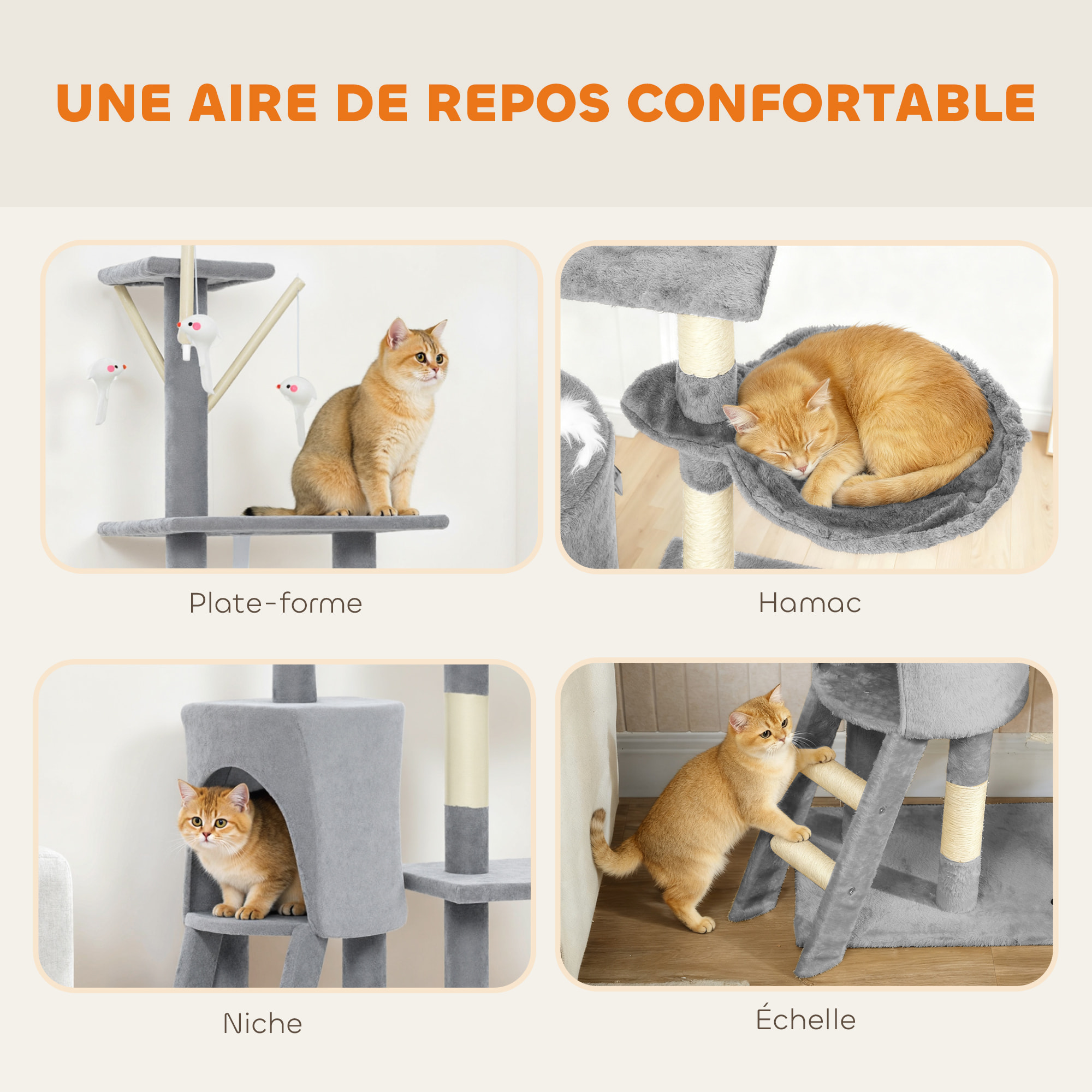 Arbre à chat multi-équipement griffoirs plateformes niche échelle hamac jouets gris