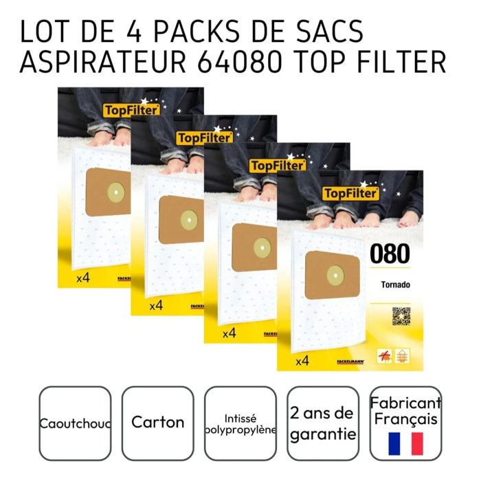 Lot de 4 packs de 4 sacs aspirateur 64080 Tornado TopFilter Premium