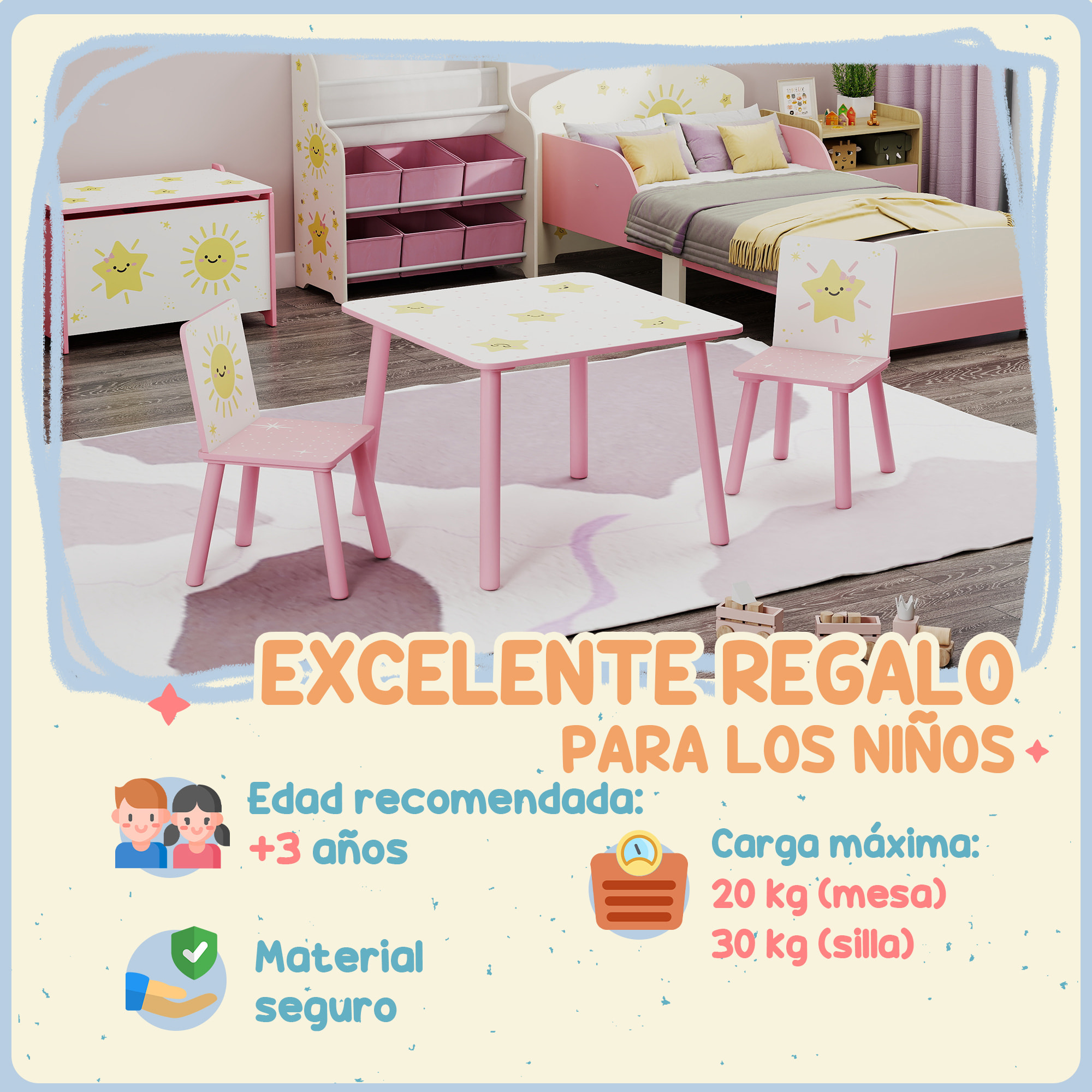 Mesa y Sillas Infantiles de 3 Piezas, Mesa Infantil con 2 Sillas de Madera de Pino, Juego de Muebles con Dibujos de Estrella para niños de +3 Años, para Dormitorio, Sala de Juegos, Rosa