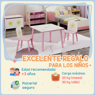 Mesa y Sillas Infantiles de 3 Piezas, Mesa Infantil con 2 Sillas de Madera de Pino, Juego de Muebles con Dibujos de Estrella para niños de +3 Años, para Dormitorio, Sala de Juegos, Rosa