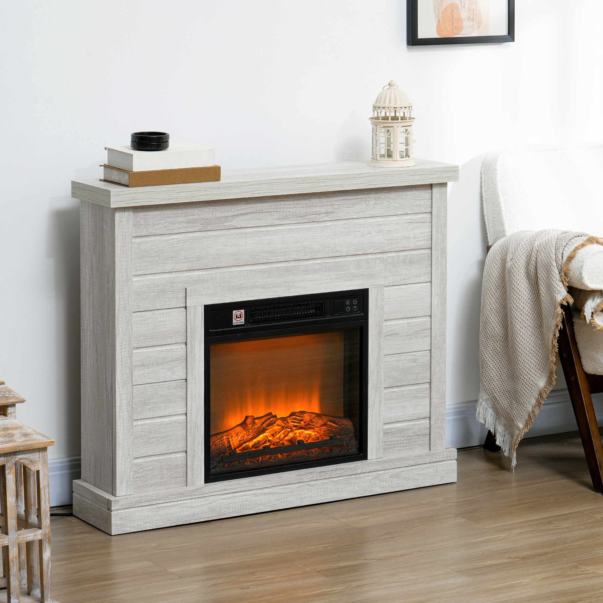 Chimenea Eléctrica 1800W Chimenea Decorativa con Efecto de Llama Mando a Distancia Temporizador Semanal Protección Contra Sobrecalentamiento para Sala 30 m² Gris Claro
