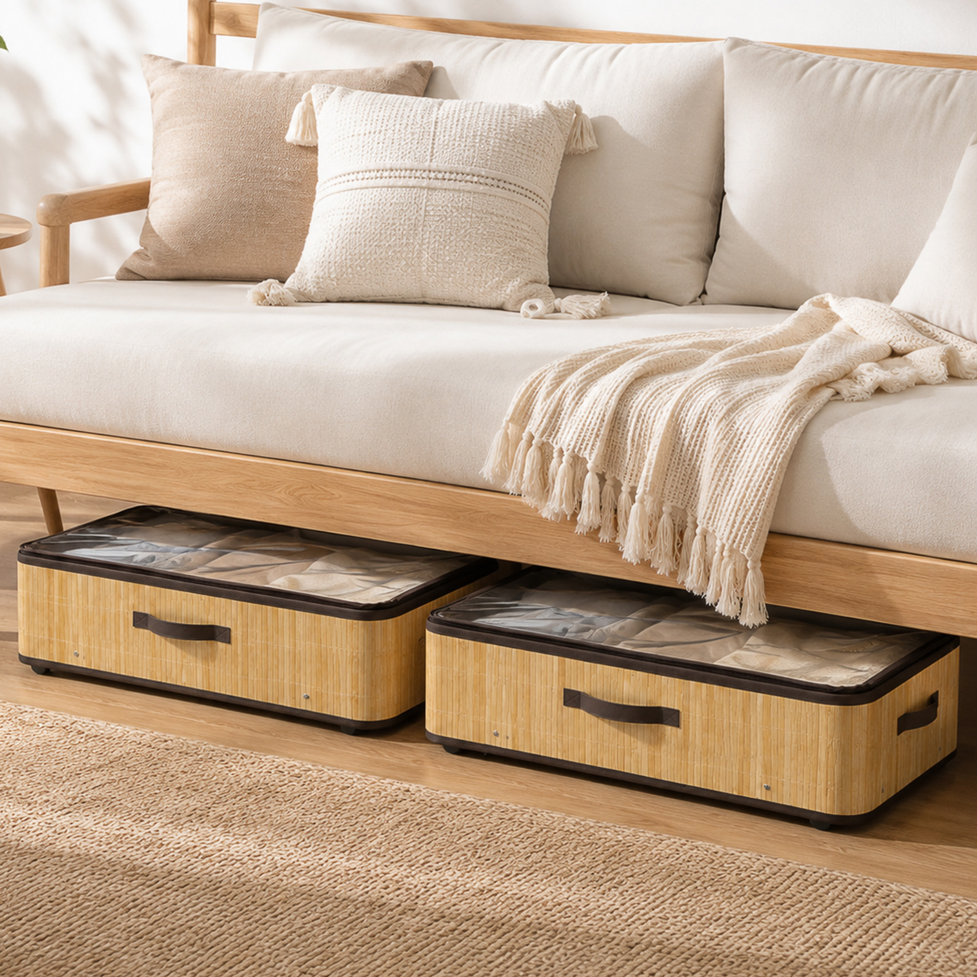 Juego de 2 Cajas de Almacenaje Bajo Cama con Ruedas, 60L, Organizador Zapatos Debajo Cama de Bambú con Tapa Transparente y Asa, Marco Metálico, para Zapatos, Mantas, Juguetes, Natural