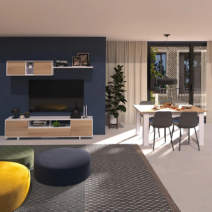 Salón con mueble de TV y estantería en blanco brillo y roble canadian 200 cm Kenzo Blanco Brillo - Roble Canadian