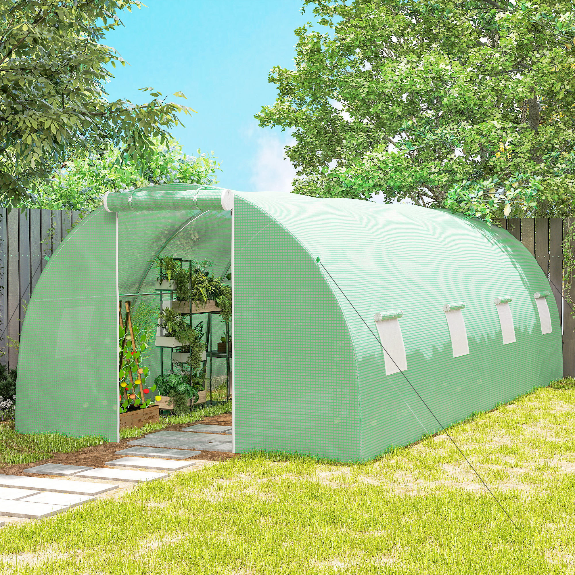 Invernadero de Exterior 6x3x2 m, Invernadero de Túnel con Puerta Enrollable, 8 Ventanas de Malla, Cubierta PE 140g/m² y Marco de Acero Galvanizado, Anti-UV, Impermeable, para Cultivos, Verde