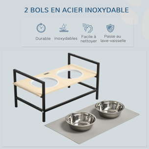 Gamelle double chien porte-gamelles surélevé réglable 2 gamelles acier inox et tapis inclus acier noir aspect bois clair