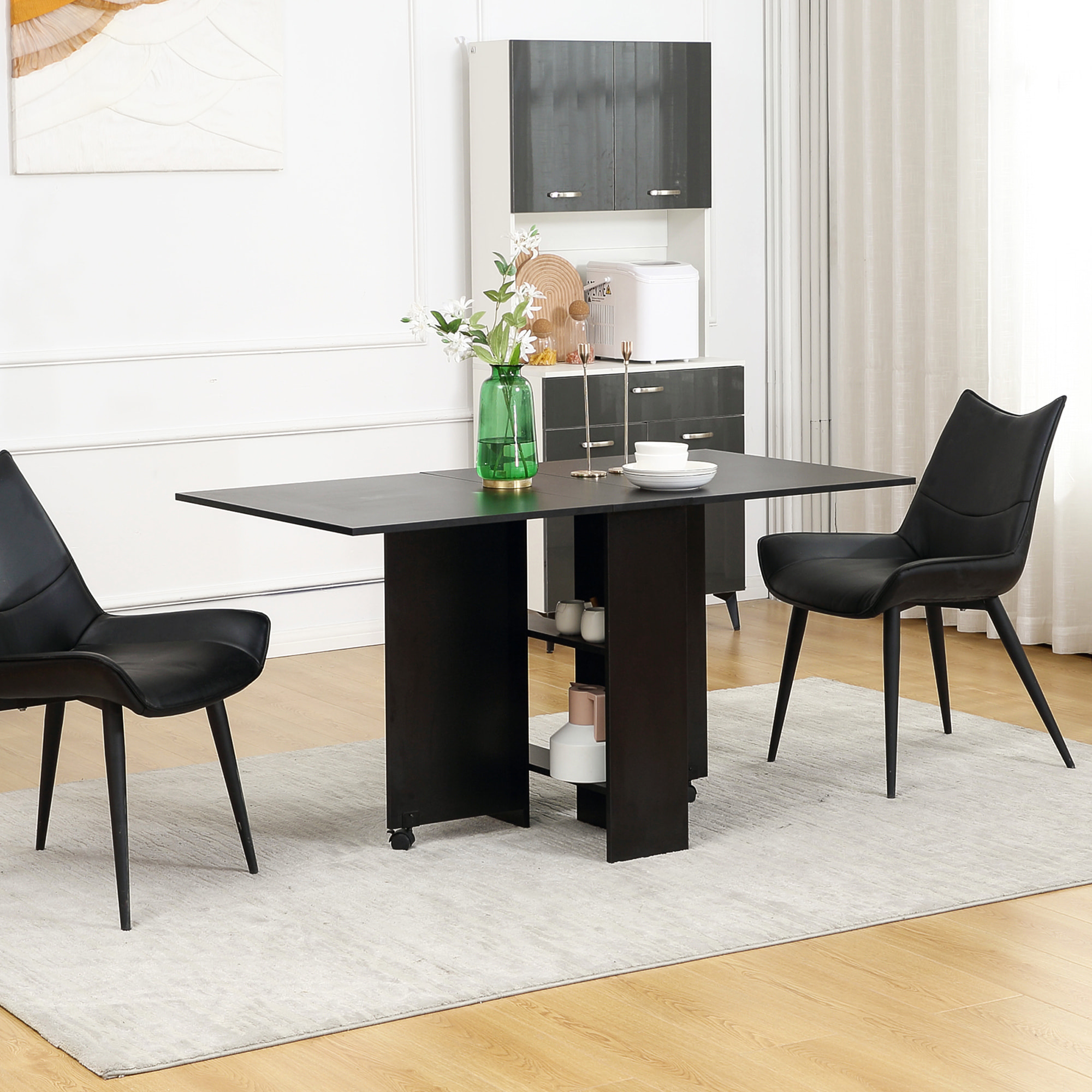 Mesa de Comedor Plegable Mesa Abatible de Cocina con 2 Ruedas 2 Estantes de Almacenaje y 2 Alas Abatibles Estilo Moderno para Restaurante Sala 75x140x74 cm Negro