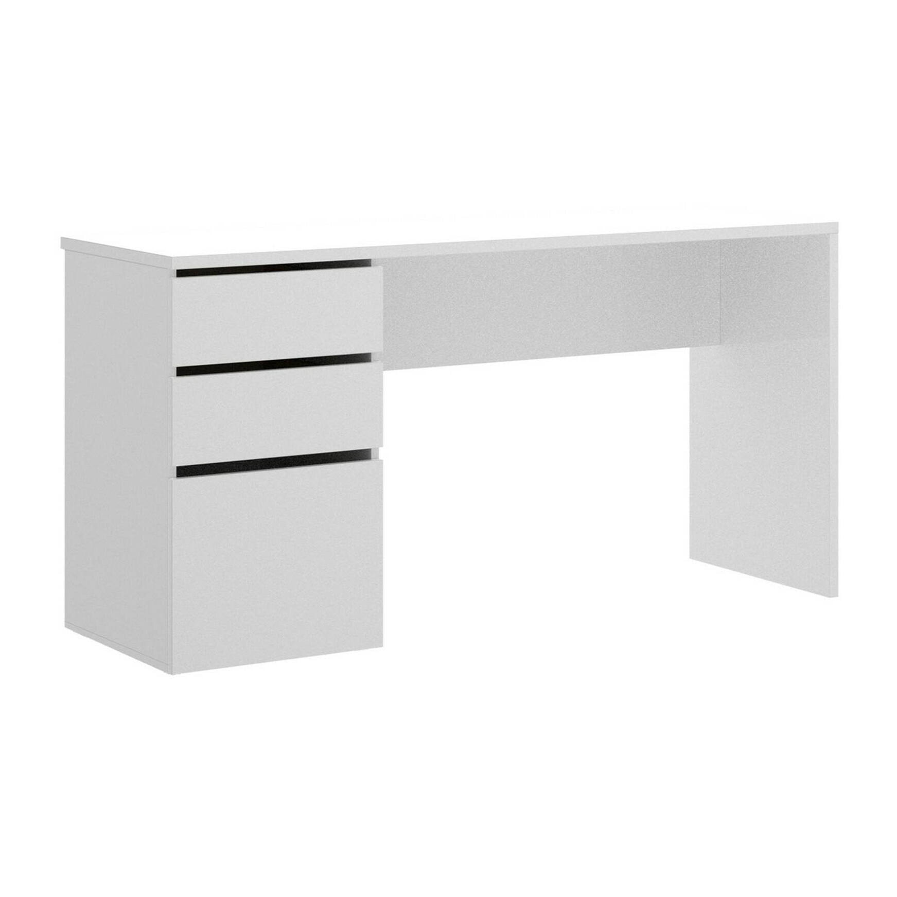 Scrivania Ardina, Scrittoio multiuso da ufficio o cameretta, Tavolo da studio lineare con 2 cassetti e 1 anta, 139x60h75 cm, Bianco lucido