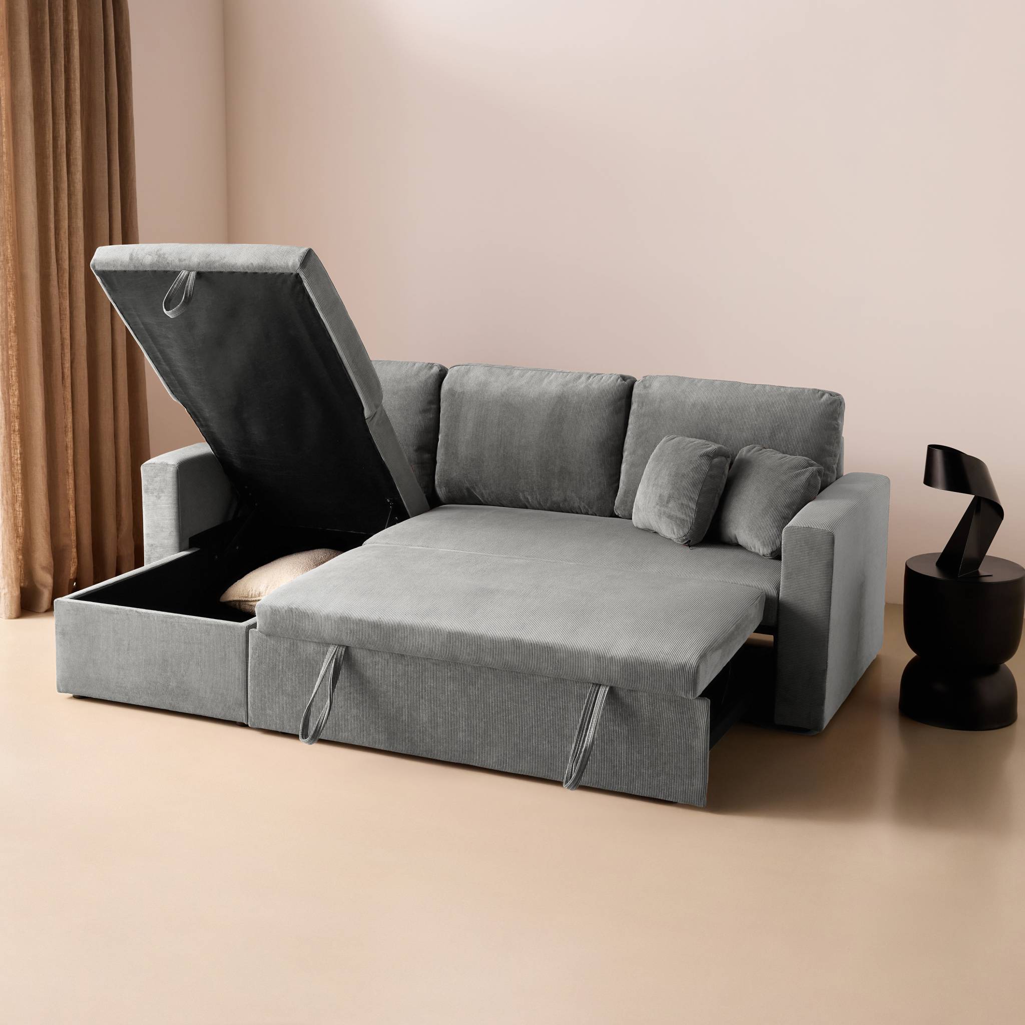 Canapé d'angle convertible réversible 3 places velours côtelé avec coffre IDA