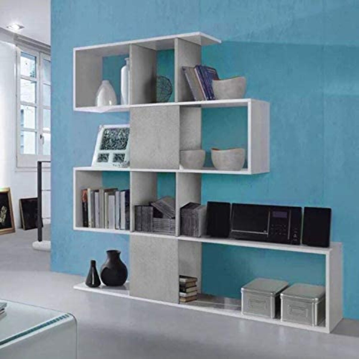 Libreria Elche Design Zig Zag Scaffale Mensola Moderna Mobile per Libri con Ripiani per Soggiorno Salotto 145 x 145 x 29 cm Bianco e Grigio Cemento