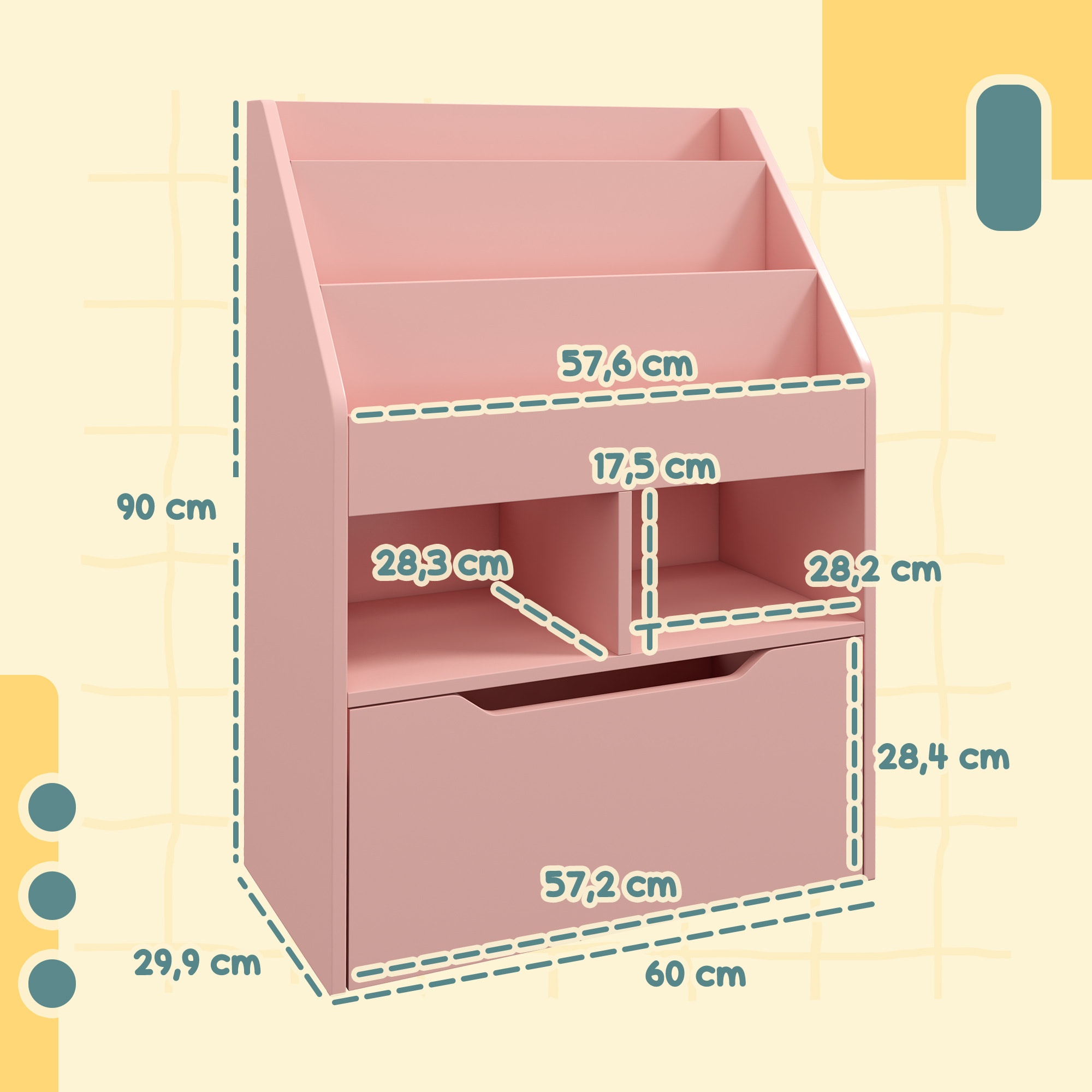 Bibliothèque étagère multi-rangement 3 étagères 2 niches grand tiroir MDF rose