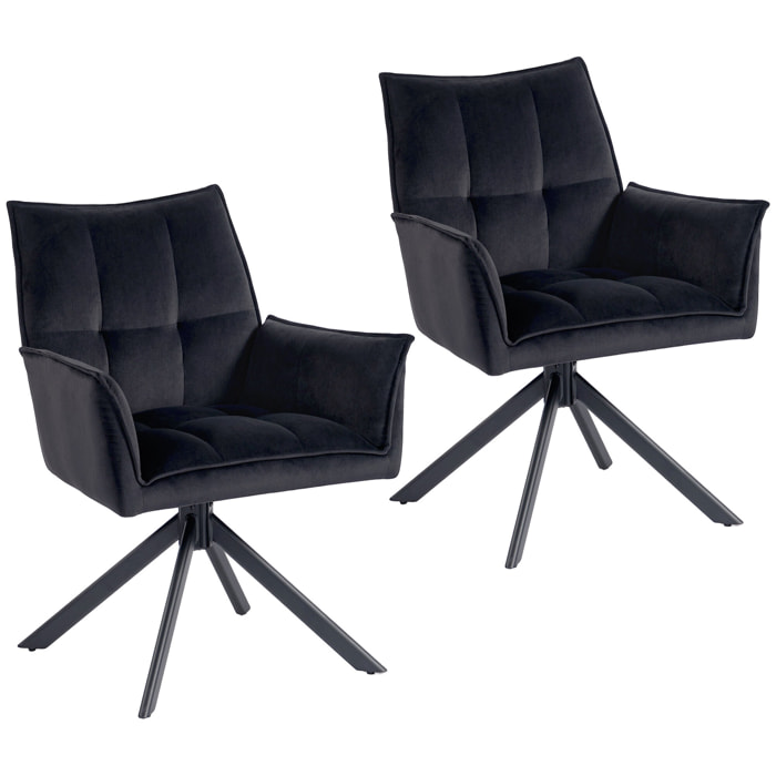 Juego de 2 Sillas de Comedor Giratorias 360°, Sillas de Cocina con Reposabrazos, Respaldo Acolchado, Tapizado en Terciopelo, Patas de Acero, para Oficina, Conferencia, Sala de Estar, Negro
