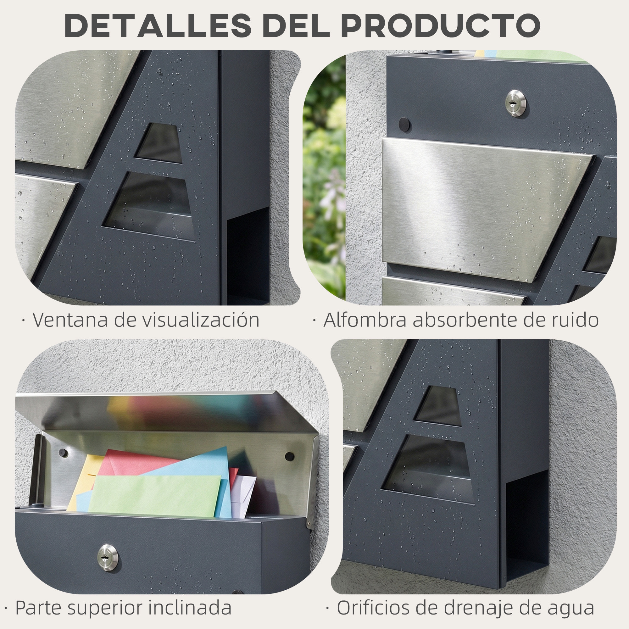 Buzón Exterior de Acero Inoxidable, 13 L, Buzón de Pared Correo con Cerradura y 2 Llaves, Cierre Silencioso, Tapa Antilluvia, Soporte para Periódicos, Moderno, Fácil de Instalar, Gris Oscuro