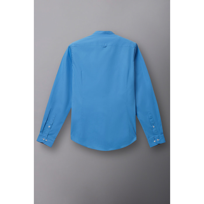 Camicia Uomo Coreano Slim Popeline Stretch Unito Celeste Medio