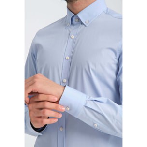 camicia uomo 1 bottone button down slim Popeline Stretch Unito Celeste