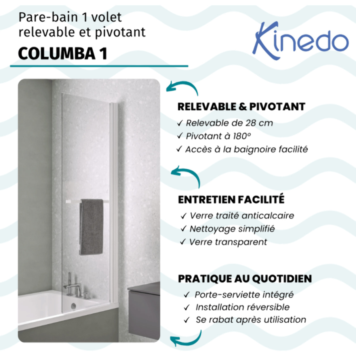 Pare bain relevable et pivotant 75x150cm KINEDO Columba 1 volet réversible avec porte serviette blanc