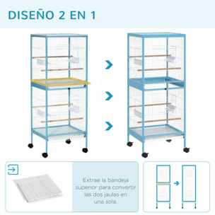 Jaula para Pájaros con Ruedas Jaula Grande de 2 Niveles Pajarera con Bandejas Extraíbles Puertas Comederos Perchas para Canarios Periquitos 51,5x50x140 cm Azul