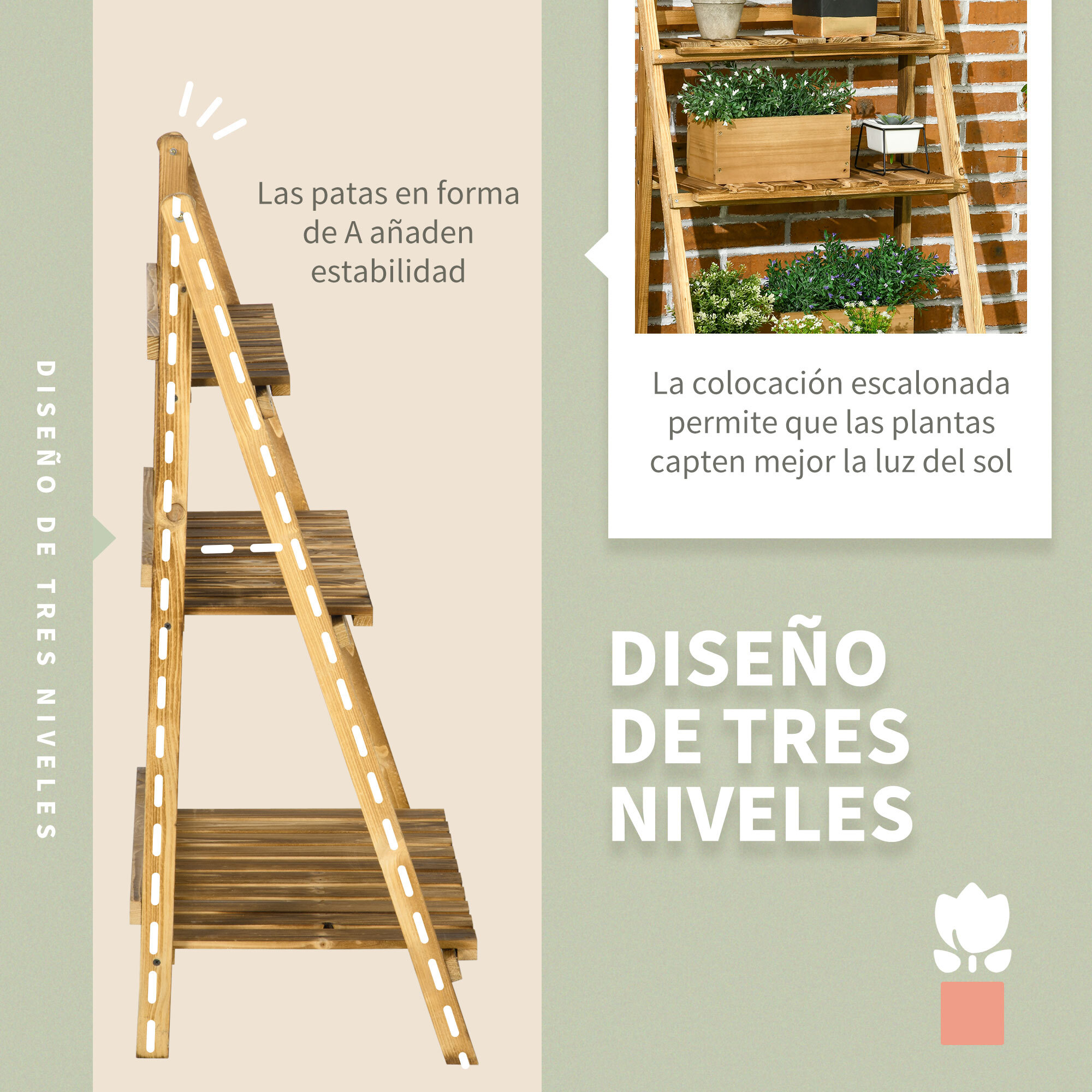 Soporte para Plantas de 3 Niveles Estantería para Plantas Plegable Soporte para Macetas de Madera para Interior y Exterior 60x37x93 cm Natural