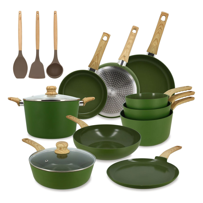 Batterie de cuisine 13 pièces en aluminium recyclé olive - tout feux COLORAMA