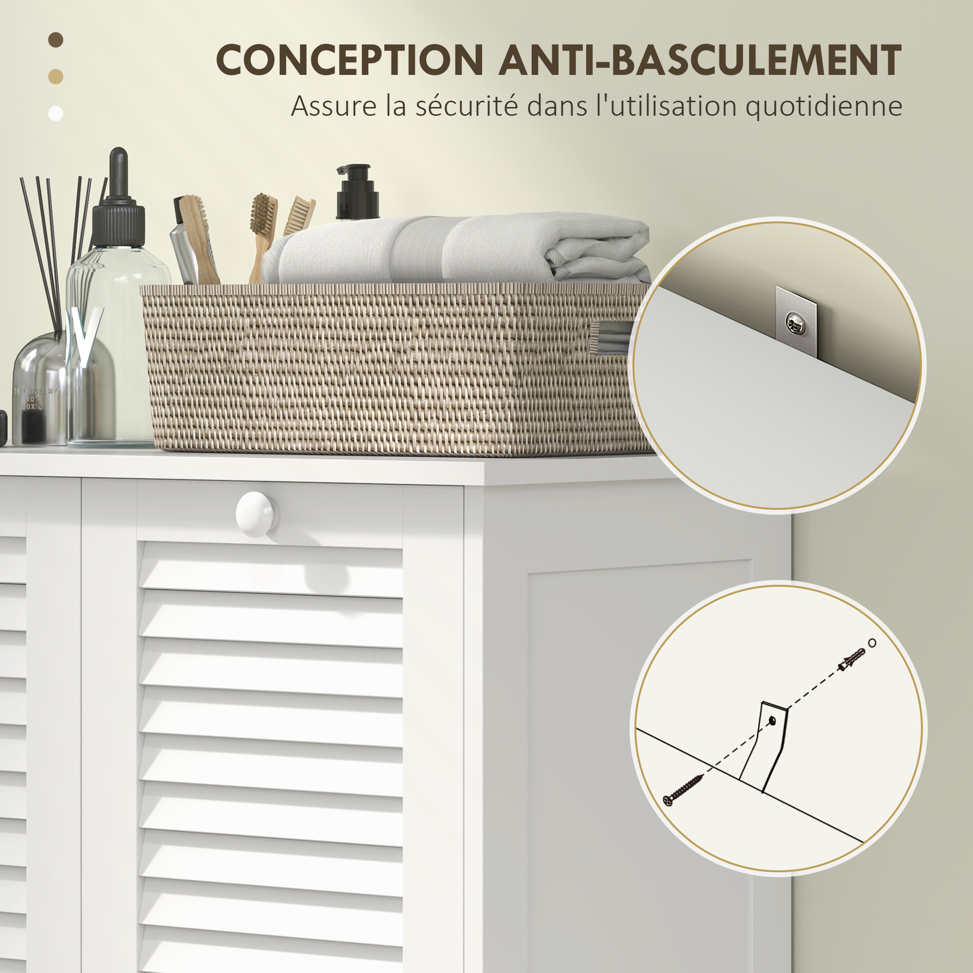 Meuble salle de bain avec paniers à linge basculants - 2 portes persiennes - blanc